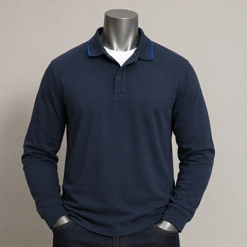 Superdry Idris Elba Mens Long Sleeve‎ Polo Shirt Navy Blue Pique Small S